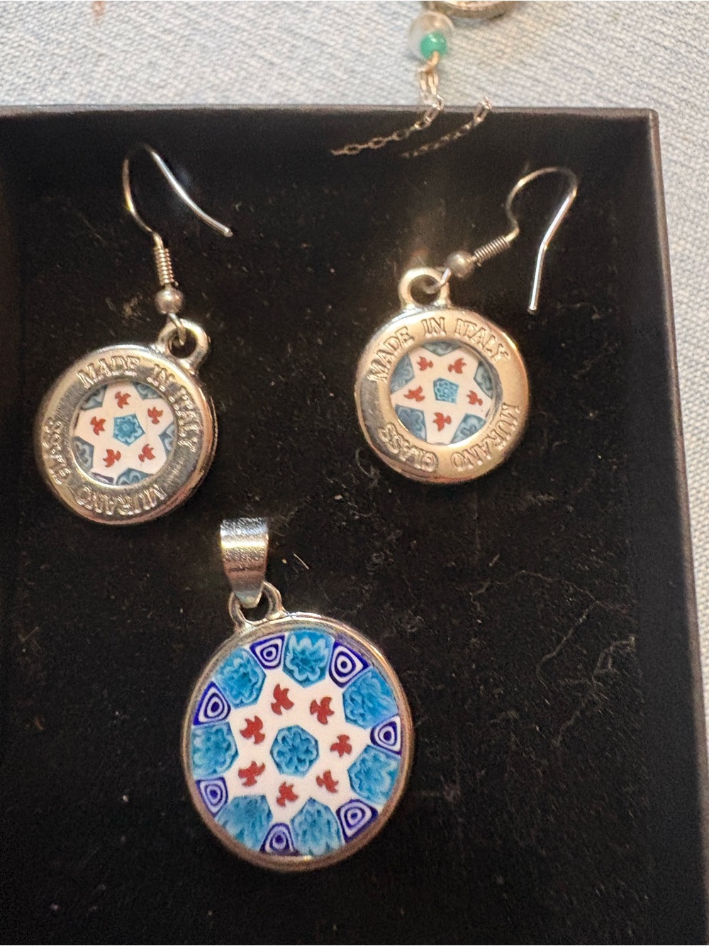 Murano Blue White and Red Millefiori Drop Earrings - Picture 3 of 4